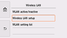 Bildschirm "LAN-Einstellungen": "WLAN-Einrichtung" auswählen